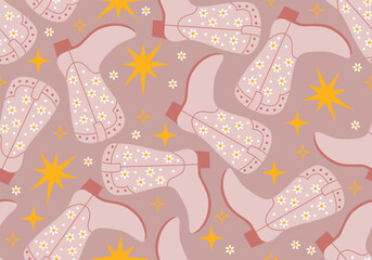 Seamless pattern with Cowboy fashion elements. Cowgirl boots. Cowboy western and wild west theme. Rodeo design. Country music
