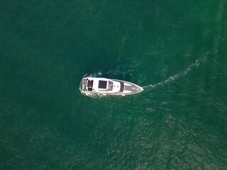 Summertime motorboat tour. Luxury motor boat yacht. Yacht go to marina. Boating and yachting....