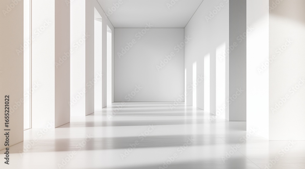 Poster a bright white hallway with columns and light creating shadows on the shiny floor surface ahead