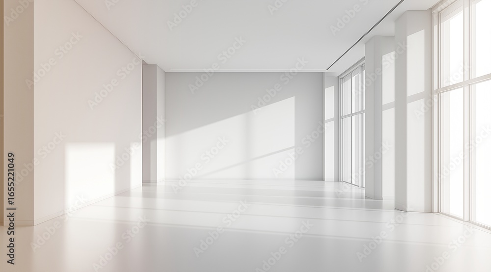 Poster bright white empty room with sunlight streaming in through large windows and reflecting on the floor