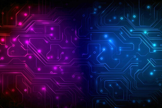 Futuristic glowing circuit board with purple blue neon lines
 - Powered by Adobe