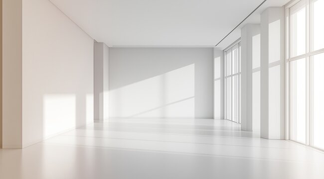 Bright white empty room with sunlight streaming in through large windows and reflecting on the floor