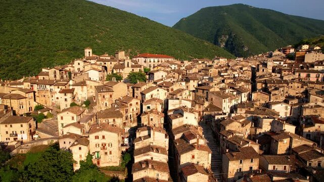 Italy. Scanno is one of Abruzzo's most beautiful villages (borgo) in the Apennine Mountains .4k hd aerial drone video. Italian tourism and unique destinations