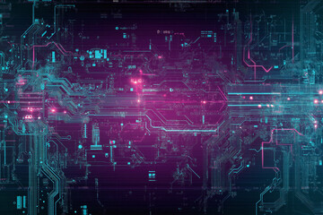 Futuristic glowing circuit board with purple blue neon lines
