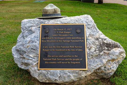 Hot Springs, Arkansas - Sept. 14, 2021: Monument to the first National Park Service Ranger murdered in the line of duty.  James Alexander Cary was killed by bootleggers in 1927.