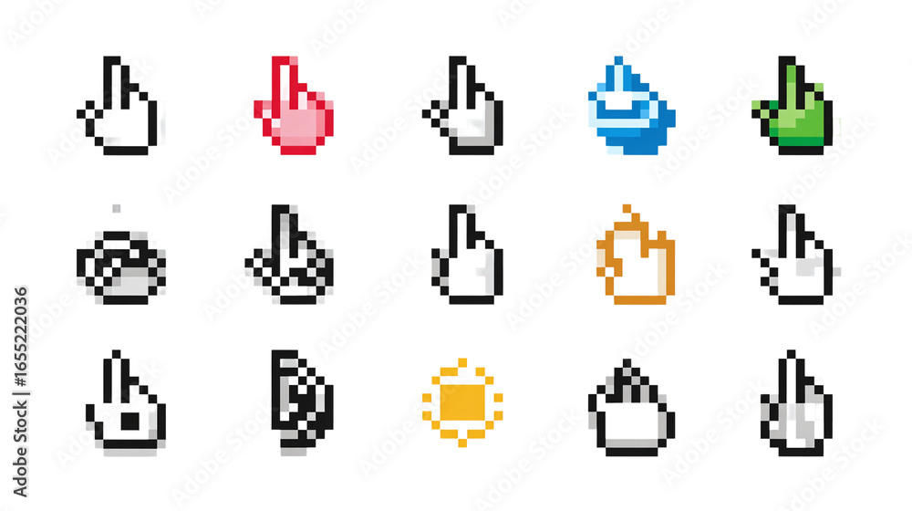 Poster pixelated computer cursor and hand icons - isolated on transparent background