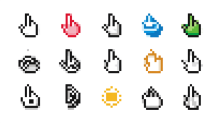 Pixelated computer cursor and hand icons - isolated on transparent background 