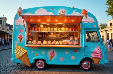 Vibrant blue ice cream truck parked on cobblestone street. Colorful frozen desserts displayed in open window. Summer day with sun illuminating scene. Mobile shop serves sweet treats like cones,