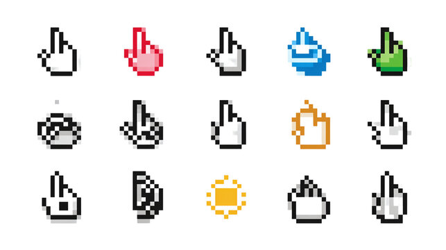Pixelated computer cursor and hand icons - isolated on transparent background 