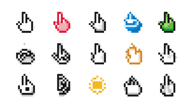 Pixelated computer cursor and hand icons - isolated on transparent background 