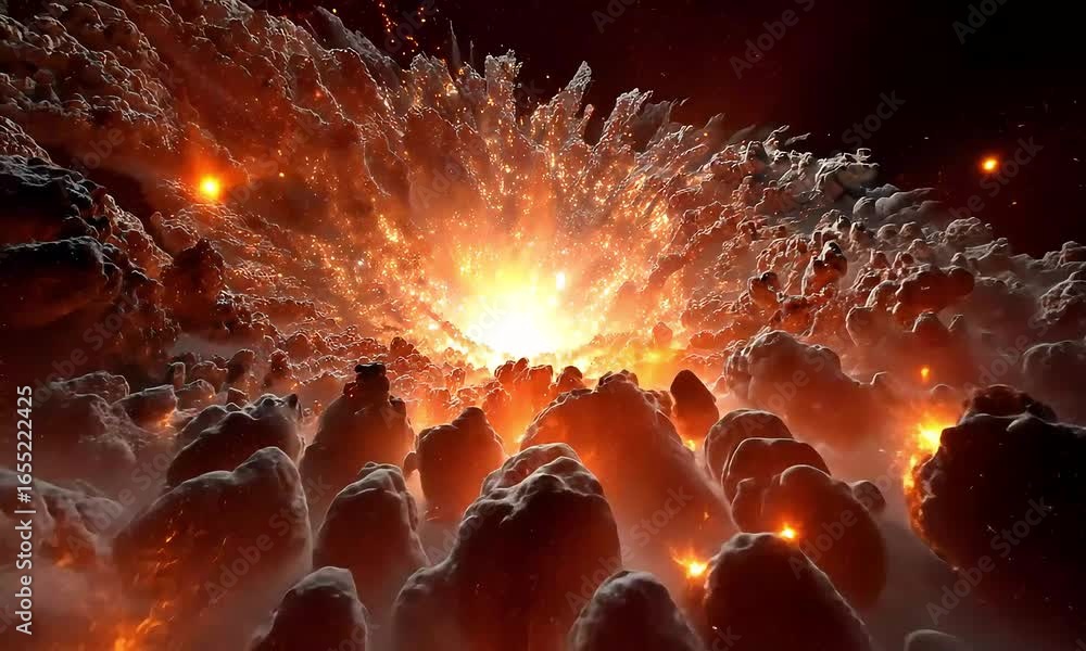 Poster fiery cosmic explosion dynamic nebula formation with intense energy burst and particle emission.