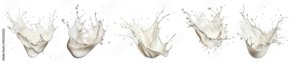 Poster png dynamic milk splash sequence, element set on transparent background