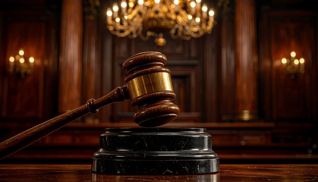 A wooden gavel rests on a dark marble pedestal in a stately courtroom setting, highlighting the solemnity and importance of the justice system.