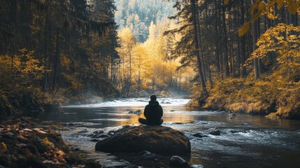 Person meditating by a tranquil stream in a colorful autumn forest.