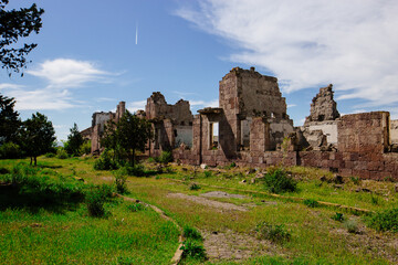 Destroyed ruined building. Consequences of war or natural disaster