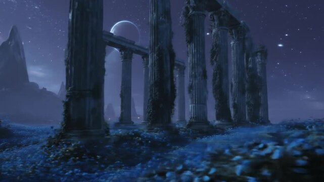 Ancient ruins bathed in ethereal moonlight