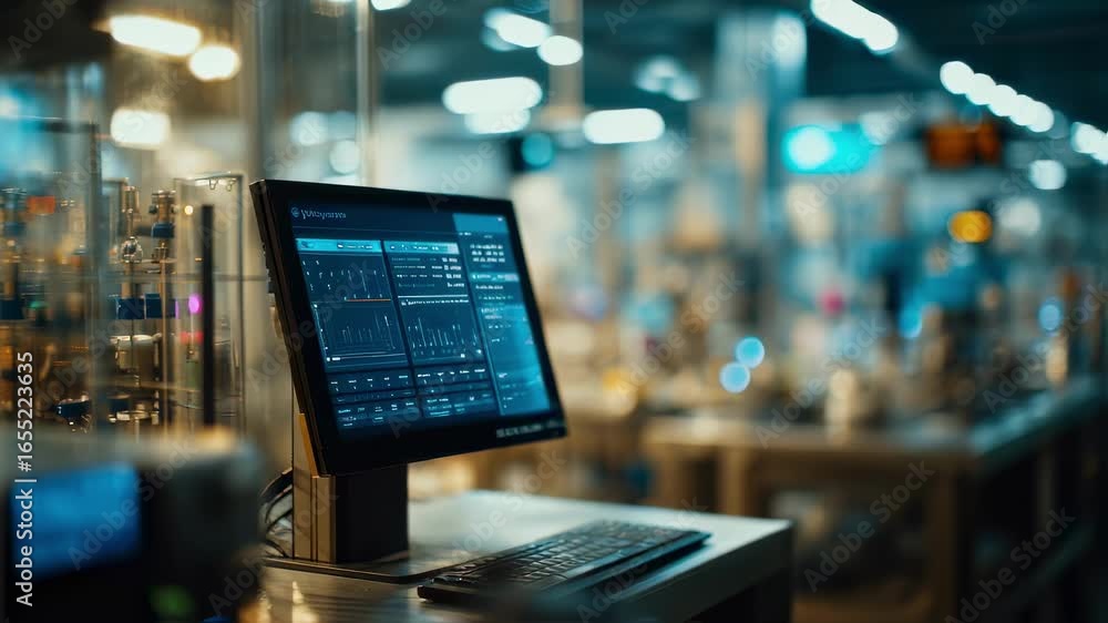 Poster medium shot of a digital monitor displaying vaccine microfactory data the screen in crisp focus whil