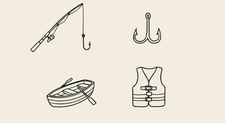 Fishing gear icons including rod, hook, boat, and life vest  