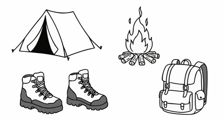Obraz premium Camping gear set including tent, boots, fire, and backpack 
