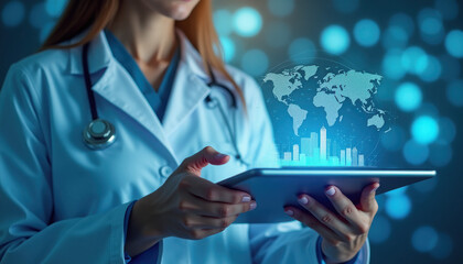 Female healthcare professional using a tablet to analyze global health data in a modern, tech-driven medical environment.