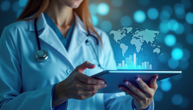Female healthcare professional using a tablet to analyze global health data in a modern, tech-driven medical environment. - Powered by Adobe
