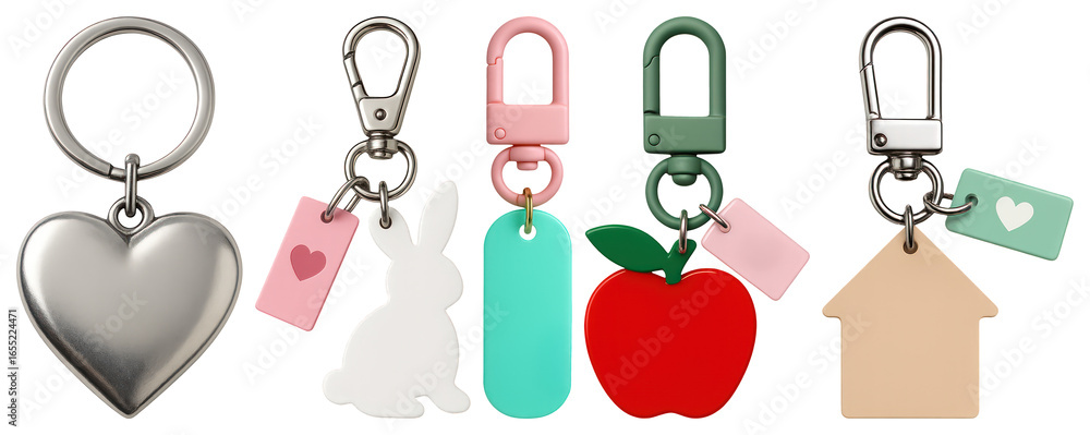 Poster png colorful keychains with playful designs, element set on transparent background