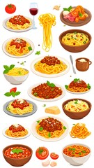 Various pasta dishes, colorful and appetizing