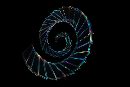 Abstract glass spiral render glows on black, perfect for a digital background or product showcase.