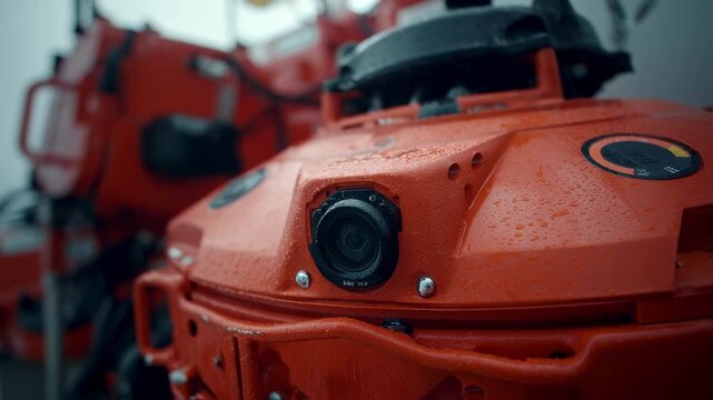 A detailed shot displaying the rugged exterior of a life raft canister housing an EPIRB