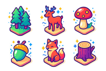 Fototapeta premium Colorful forest icons: deer, fox, mushrooms, trees, acorn, and tree stump