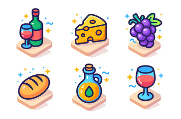 Fototapeta premium Set of iconic food and drink illustrations featuring wine, cheese, grapes, bread, and oil