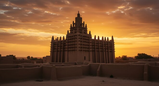 Grand Djenne Mosque under the Golden Hour: A stunning sunset bathes the Grand Djenne Mosque in a warm, ethereal glow, showcasing its unique architecture and cultural significance.