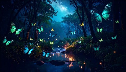 Luminescent butterflies dance among the trees in a mystical nocturnal forest, illuminated by glowing streams and fireflies.