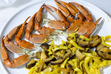 Creamy mushroom and fish Mediterranean Italian Tagliatelle Pasta close up	