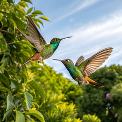 two hummingbirds flying together