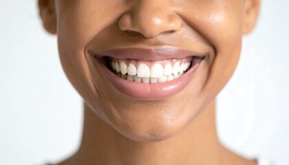 A close-up view of a person's bright smile, showcasing healthy, white teeth and a happy expression against a soft, neutral background.