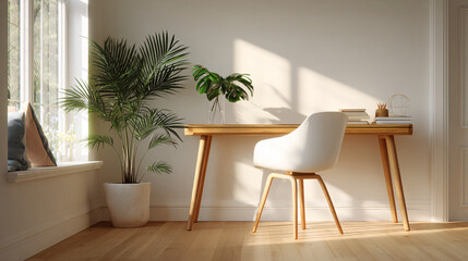 Airy Scandinavian home office interior with wooden desk, white chair, green plant, and neutral wall, soft daylight flooding in, clean clutter-free composition