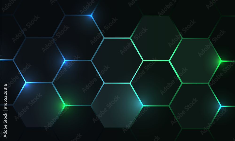 Poster dark hexagonal gaming abstract vector background with blue and pink colored bright flashes. futurist