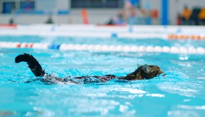 A tabby cat gracefully navigates a swimming pool, its sleek form slicing through the aqua water.