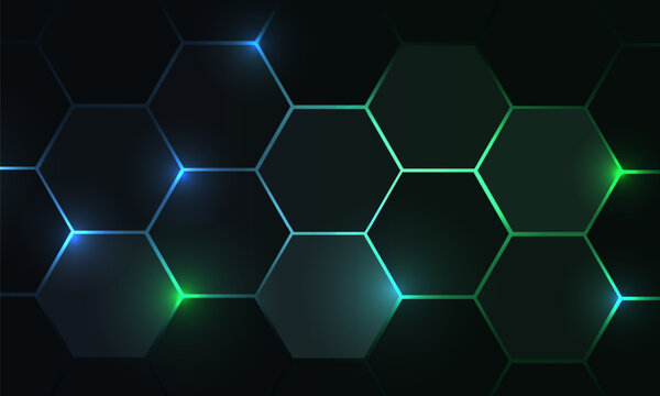 Dark hexagonal gaming abstract vector background with blue and pink colored bright flashes. Futuristic technology cyber game and esports hexagon background.