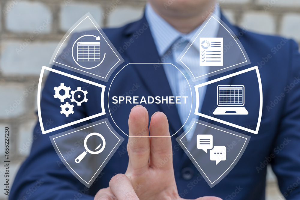 Poster person using virtual touch screen presses the word spreadsheet. spreadsheet document information fin