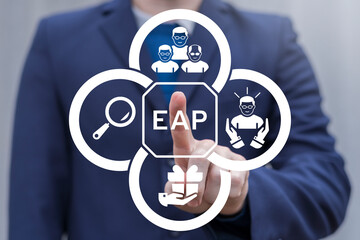 Employer using virtual touch screen presses acronym: EAP. EAP Employee Assistance Program Business Care Concept.