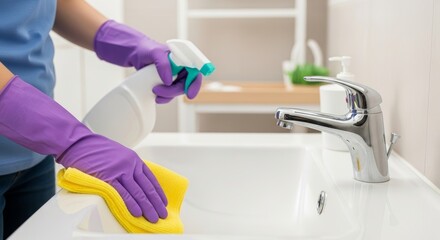 Person Cleaning Bathroom Sink with Yellow Cloth and Spray Bottle in Modern Setting