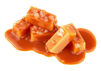 Salted caramel candies in milk caramel sauce with sea salt crystals isolated on a white background....
