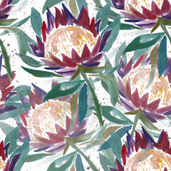 Watercolor Protea Seamless Pattern, Abstract Floral Garden Repeat, Hand-painted Botanical Fabric, Modern Artistic Flower Design, Impressionist Tropical Print