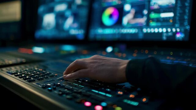 Sharp image of a video technician adjusting color grading on a reference monitor while the rest of the cloudediting suite remains out of focus emphasizing teamwork.