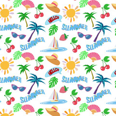 Seamless pattern with sun, palm trees, hat, glasses, fan, fruits and yacht on summer theme.eps