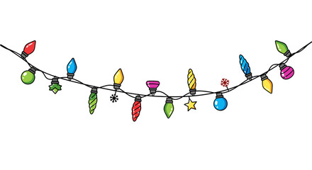 Illustration of a string of christmas lights with various shapes and colors hanging on a black wire line on transparent background