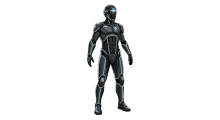 Full body view of a futuristic black armored suit with glowing blue lines standing on a white background on transparent background