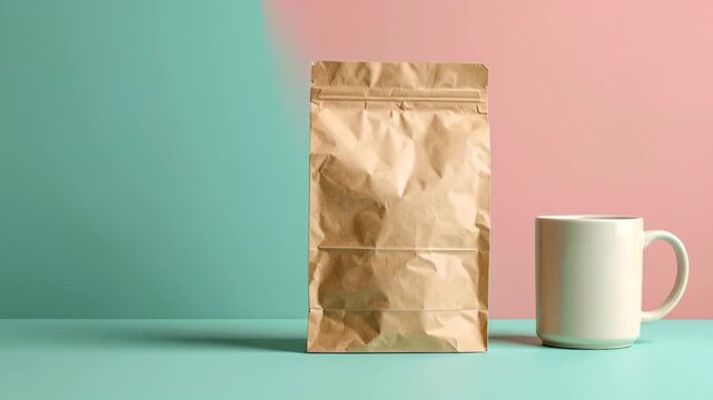 Minimalist Still Life Composition With Coffee Bag and Mug on a Pastel Background With Brown Paper Bag With Coffee Bean Product Presentation